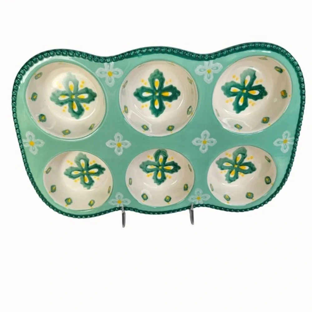 Dutch Wax Muffin Pan Green Ceramic Handpainted Kitchen‎ Baking Beaded Edge Decor